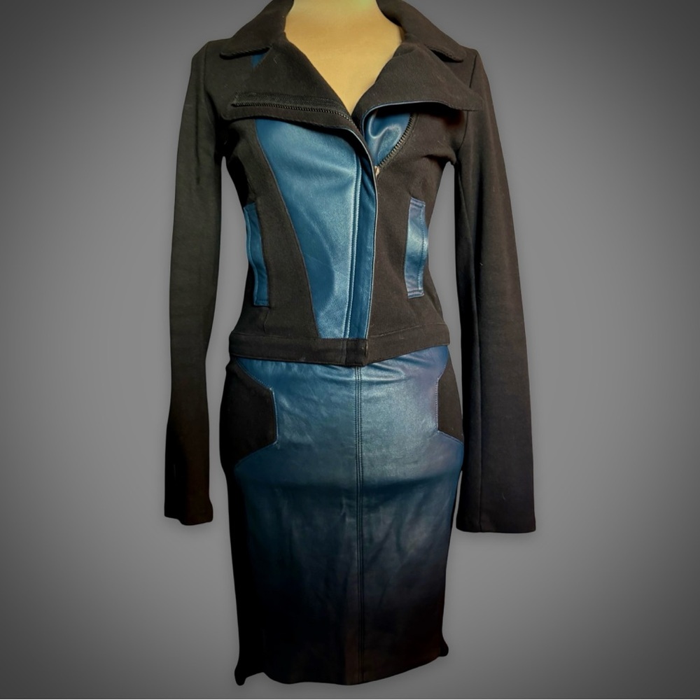 Unique Futuristic Skirt and Blazer Suit Set - Black with Teal Faux Leather
